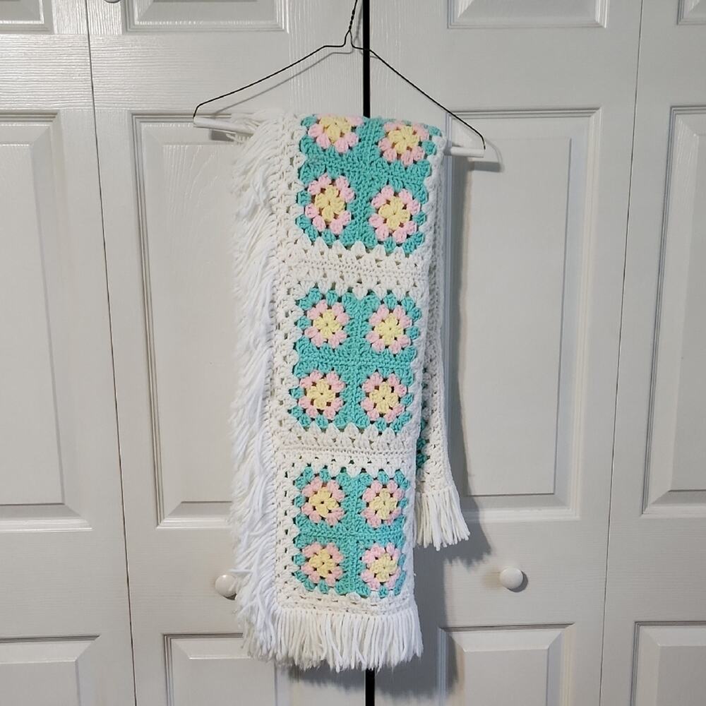 Gender Neutral Handmade Crocheted Baby Blanket Multi-Colored Fringe 57x44 Crib